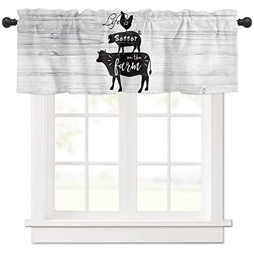 Farm Animals Rod Pocket Window Valances Rural Cow Pig Chicken Short Curtain Valance Kitchen Printed Drapes For Bedroom Bathroom Living Room Windows Decor Vintage Wooden Board #TOP14