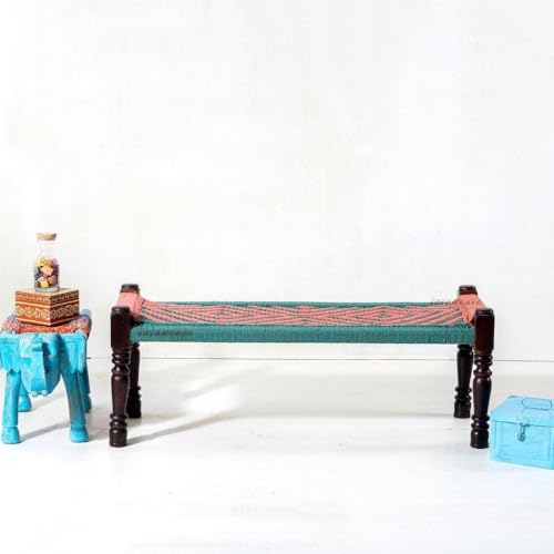 Image of Wooden Bench for Seating | Handcrafted Sheesham Wood Bench for Living Room, Balcony & Garden | Traditional Patio for Outdoor with Cotton Handwoven Rope | Green and Orange