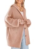 Picture of ebossy Women's Oversized Sailor Collar Button Cardigans Chunky Knit Long Sleeve Slouchy Sweaters Coat with Pockets (L, Pink)