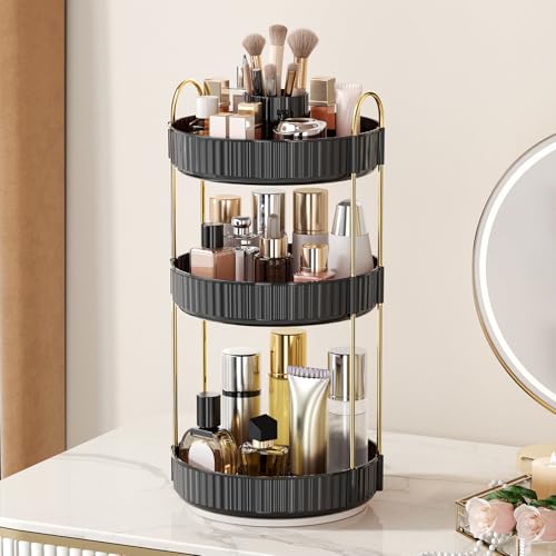 Image of 360 Rotating Makeup Organizer, Upgraded 3 Tier Skincare Perfume Organizers for Women, Bathroom Organizer Countertop, Clear Cosmetic Dresser Organizer with Makeup Brush Holder, Sink&Counter(Black)