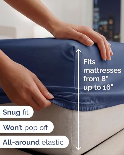 Image of Lightweight 4 Piece Bed Sheet Set Queen Size - Cooling Sheets for Hot Sleepers - Breathable Bedding Set w / 8-16 Inch Deep Pockets - 1 Flat & 1 Fitted & 2 Pillowcases - Wrinkle Resistant - Navy Blue