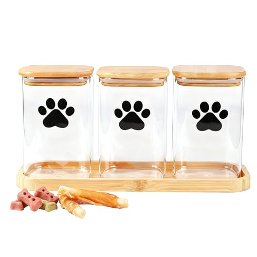 Brabtod 37oz Glass Dog Treat Jars Set of 3,Clear Dog Treat Container with Bamboo Lids,Airtight Cat Treat Jar,Small Pet Treat Canister,Puppy Food Bin-Keep Fresh Crispy-Square