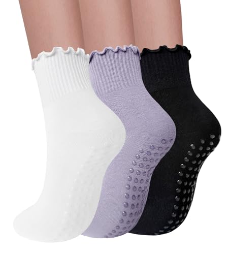 Image of 3 Pairs Pilates Socks with Grips for Women Non Slip Grip Ruffle Yoga Ankle Grippy Socks