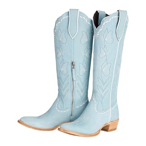 sexytag Floral Cowboy Boots for Women Butterfly Embroidered Cowgirl Western Knee High Boot Wide Calf Pull On Pointed Toe Tall Comfortable Fahion Cute Booties Blue Size 11