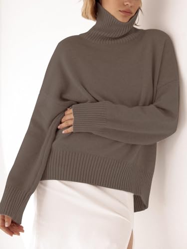 Image of YKR Women's Turtleneck Sweater Chunky Long Sleeve Knitted Pullover High Low Hem Trendy 2026 Fall Winter Basic Jumper Top