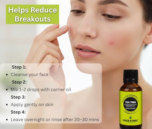 Image of Earth N Pure Tea Tree Essential Oil for Acne, Skin and Scalp Care - 100% Pure Natural Tea Tree Oil for Face, Hair & Aromatherapy - Steam Distilled - 15ml Pack Of 2