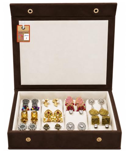 Image of atorakushon Velvet Makeup Earring Storage Box Jhumka Organizer Holder Travel Wedding Set Box 12 Pair Earring Display Try Case Jewellery Box for Women Girls (Brown)