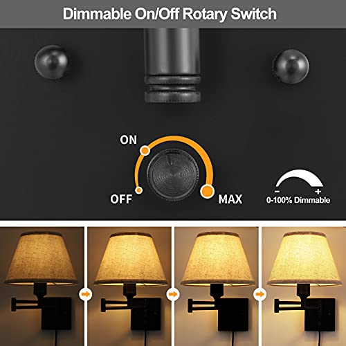 Trlife Wall Sconce Plug In, Dimmable Wall Sconces Set Of Two Swing Arm Wall Lights With Plug In Cord And On/Off Dimmer Rotary Switch, 9.4" Medium Beige Fabric Shade(2 Pack, 2 Bulbs) #TOP3