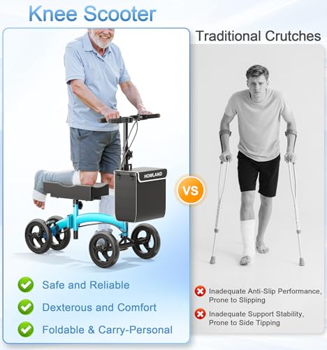 HOMLAND Knee Scooter for Foot Injuries Ankle Surgery, Foldable Steerable Knee Walker with Dual Brakes System, Height Adjustable Handle & Seat, Removable Storage Bag, 300 lbs Capacity