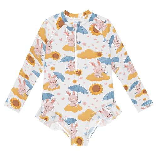 Little Rabbit Umbrella Girls Long Sleeve Swimsuit Rash Guard One Piece Bathing Suits Zipper 3-12T