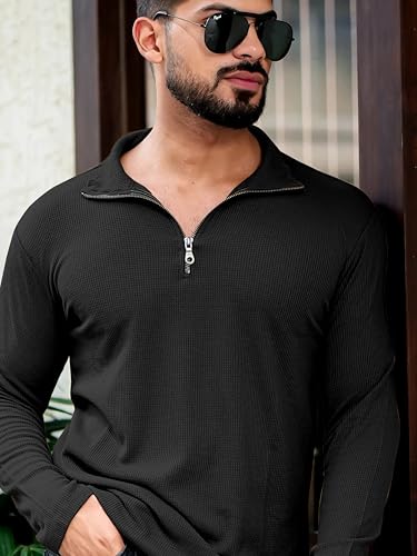 KAJARU Men's Polyester Blend T Shirt with Spread Collar Neck Line Zipper Closure Full Sleeves Solid Pattern Regular Fit and Standard Length 2 41Cn EOkb0L