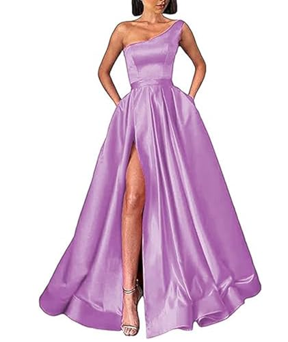 ECDAHICC Damen Eine Schulter Lange Ballkleider Satin A-Linie Schlitz Brautjungfernkleider Formeller Satin Abschlussball Abendkleider mit Tasche PE-XL