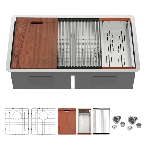 Mocoloo Double Bowl Kitchen Sinks - 50/50 Undermount Double Bowl 16 Gauge Low Divide Workstation 33 x 19 Inch Stainless Steel Sink Handmade, 10'' Deep Basin