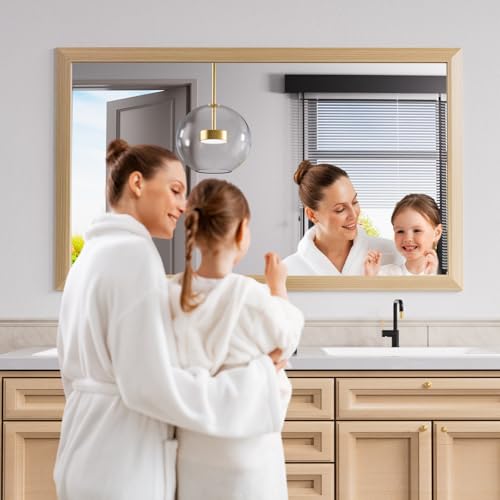 Amorho Bathroom Mirror, 60 X36 Inch Wall Mirror, Oak Wood Grain Metal Framed, Anti-Rust, Hang Horizontally/Vertically, Suitable for Bedroom, Farmhouse, Bathroom, Decorative