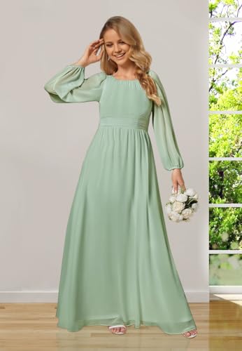 Junior Bridesmaid Dresses for Wedding Chiffon Long Sleeve Flower Girl Dresses A Line Party Dress JBD1044