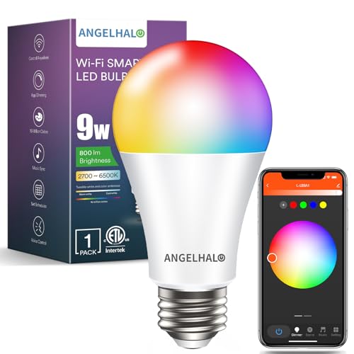 ANGELHALO Smart Light Bulbs, Color Changing A19 LED Light Bulb, Work with Alexa and Google Assistant, Wi-Fi & Bluetooth Light Bulbs, 16 Million Colors RGBCW, Music Sync, 800 Lumens, 2.4Ghz only,1 Pack