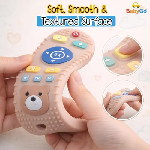 Image of BabyGo Remote Teether for Babies| Helps Biting Skills Development, Colour & Shape Recognition| Baby Remote Teething Toy for 3+ Months (6-12 Months) Safe Teething Toy for Babies & Toddlers (Brown)