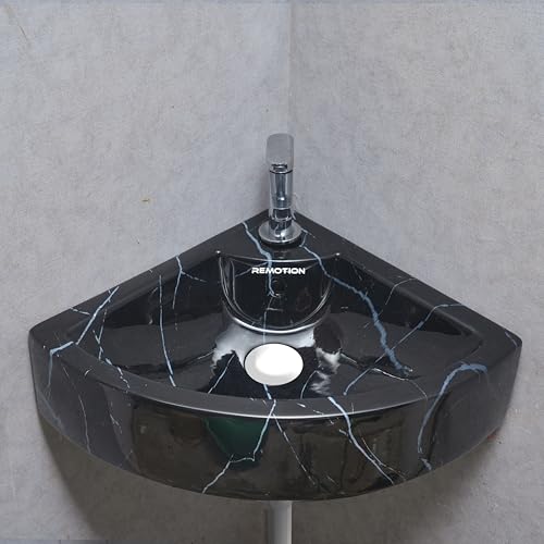Image of REMOTION Ceramic Wall Hung Corner Wash Basin for Bathroom | Wall Mounted Corner Sink (20.4 x 15 x 6 Inch) (Black White Stripe)