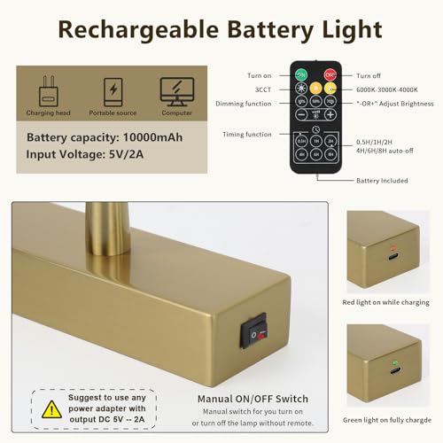 Image of Joosenhouse Battery Operated Picture Light, Wireless Gallery Light with Remote Control and Dimmable Timer Off Function, Rechargeable Painting Art Light, 23.23 Inch Brass Wall Sconce