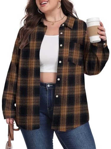 OLRIK Womens Plus Size Flannel Plaid Shirts Fall Roll Up Long Sleeve Collared Button Down Blouse Loose Fit Cozy Casual Top
