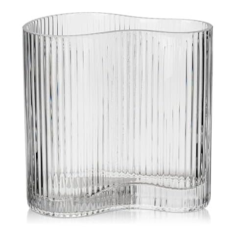 Oairse Ribbed Glass Vase, Clear, Rectangular, 7.3'' Decorative Table Vase for Living Room, Dining Table, Entryway, Mantle, Shelf, Wedding Cover