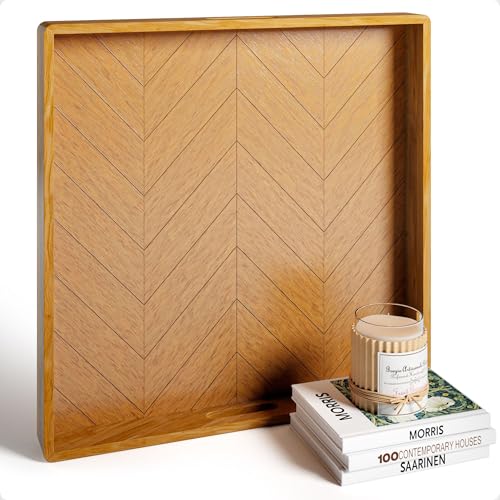 Large Ottoman Tray for Living Room - 22 x 22 Inch Wood Tray with Handles - Stylish Herringbone Pattern - Stain Resistant Finish - Decorative Trays for Coffee Table - Extra Large Ottoman Trays Wood