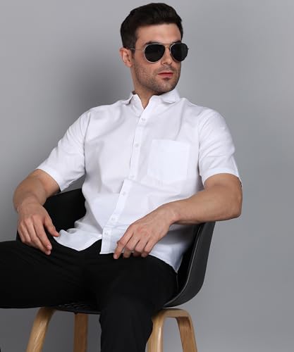 Image of MILDIN Men's Cotton Blend Solid Shirt with Spread Collared Half Sleeve Curved Hemline Button Closure Regular Fit and One Pocket | Half Sleeve Shirt for Men