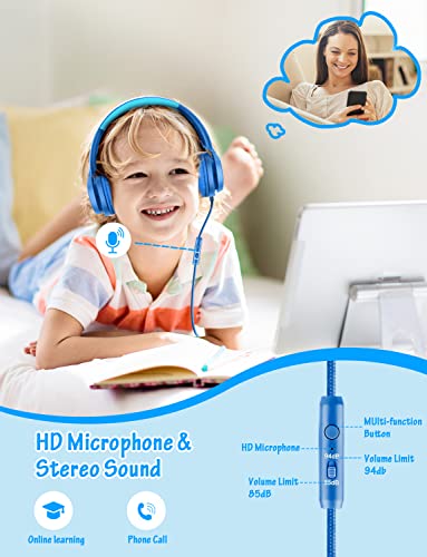 Image of Voopwink Kids Headphones with Microphone, Wired Over Ear Headsets with Limited Volume 85dB / 94dB for Boys Girls Teens Children Online School /Travel /iPad /Tablet /Cellphone
