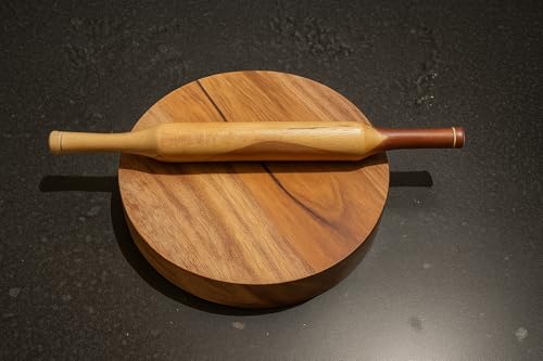 Image of Acacia Wood Wooden Chakla Belan Set for Kitchen Rolling Board and Pin for Chapati,Roti, Puri, Dough Rolling Board,Handmade Smooth Finish,Indian Traditional Cookware 9.5 Inch Diameter 1.5 Inch Thick