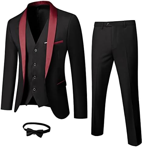 MY'S Mens 3-Piece Suit Shawl Lapel One Button Tuxedo Slim Fit Premium Dinner Jacket Vest Pants & Tie Set Red-Black