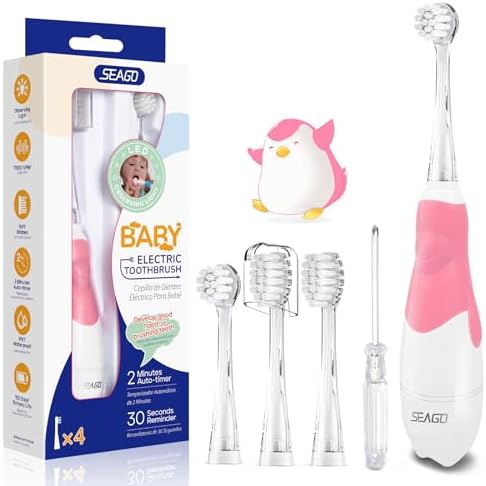 Seago SG-513 Elektrische Zahnbürste Kinder Baby Kinderzahnbürste Elektrisch ab 0-3 Jahre mit LED Licht Smart Timer Babyzahnbürste Wasserdicht IPX7 Schallzahnbürste (Baby Rosa)