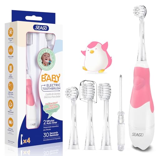 Seago SG-513 Cepillo de Dientes Eléctrico Niños Infantil y Bebés de 0 a 3 Años con LED Luces,2 Min Temporizador Inteligente,4 Cabezales Intercambiables,Impermeable IPX7 (Bebé Rosa)