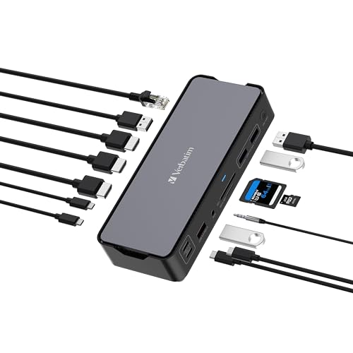 Verbatim USB-C Pro Docking Station, 15-in-1 Hub, Multiport Adapter to HDMI 4K and 8K, USB-A and USB-C, PD 80W, AUX, Card Reader, for Mac/Windows Laptop and Co