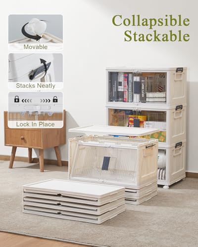 Image of OlarHike 48QT Stackable Storage Bins with Lids - Folding Storage Box with Doors and Wheels, Collapsible Plastic Storage Bins for Closets, Home Organization, 3 Pack Cubes (Warm Gray)