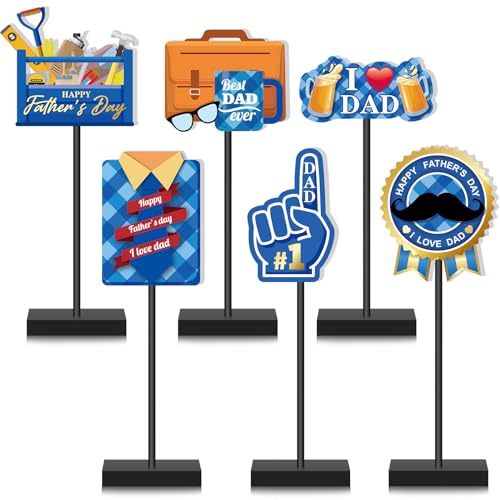 Juexica 6 Pcs Father's Day Table Decorations Happy Father's Day Wooden Table Centerpiece Tables Sign Tall Standing Best Dad Wood Block for Home Indoor Shelf Tabletop Decor Party Supplies Gifts