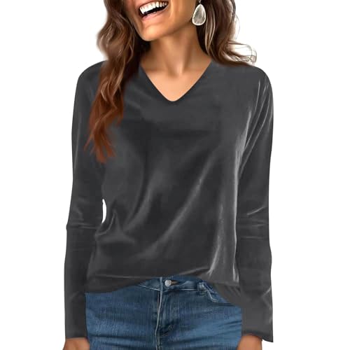 Women's Velvet V-Neck Long Sleeve Top Soft Velour Pullover Sweatshirts Solid Colour Casual Loose Fit Tunic Lightweight Comfortable Blouse for Daily Wear Office and Weekend Outfits 4XL Gray