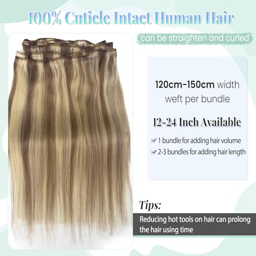 Image of Sew In Hair Extensions Real Human Hair 12 Inch Weft Extensions Real Remy Hair Golden Blonde Balayage Blonde Highlights Double Weft Full Head Straight Hair Weaves 80G Hair Weft Bundles Straight Hair