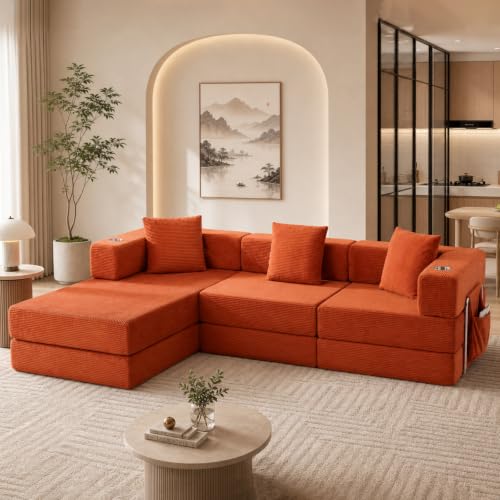 Mojolion Modular Sectional Sofa 108 L-Shaped Corduroy Couch with Deep Seat Boneless Cloud Cushion Modular Sofa Bed with Fixed-Shape Frame for Living Room No Assembly Required(Orange)