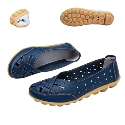 Womens Orthopedic Loafers in Breathable Leather Comfortable Hollow Closed Toe Soft Flats Sandals Summer Casual Slip-On Shoes (De