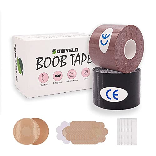 OWYELO Cinta de Pechos para Levantar Sujetador, 2 Rollos de Cinta Invisible Push Up Pecho Autoadhesivo para Pechos Grandes(1 Piel bronceada + 1 Negro) , Cinta Kinesiologica Tape Cover