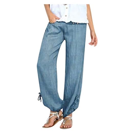 Pantalon sarouel décontracté en coton et lin pour femme, style hippie, bohème, respirant, pleine longueur, extensible, coupe ample, baggy, pilates, yoga et pantalon d'été, bleu, S