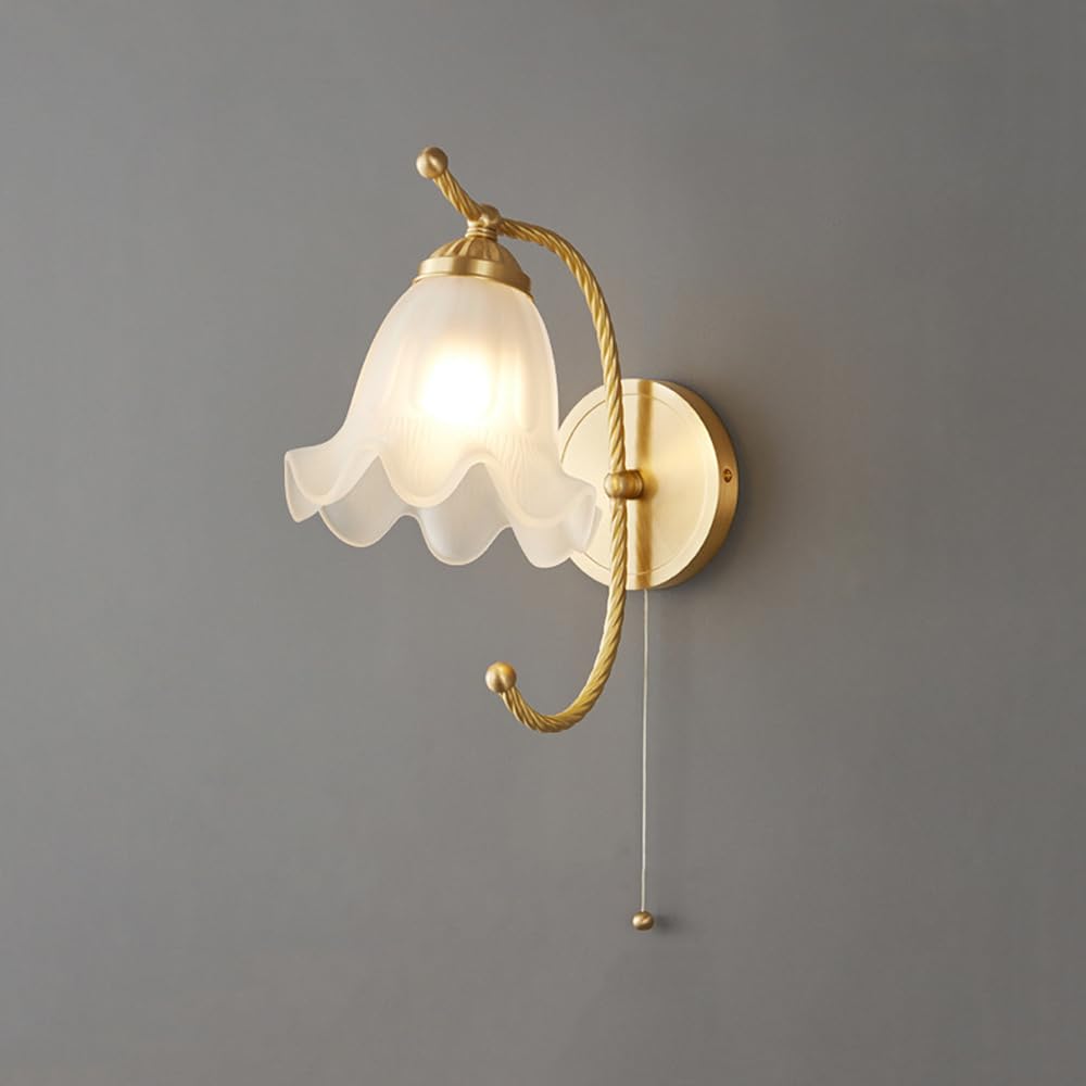 TCHAUSGZUS Mid Century Wall Sconce with Pull Switch - Nordic Style Brushed Brass Indoor Lighting for Bedroom, Living Room, Hallway, and More