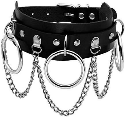 JJDreams Long Studded Spike Rivet Choker Gothic Black O Ring Choker PU Leather Vinatge Punk Necklace Collar Adjustable
