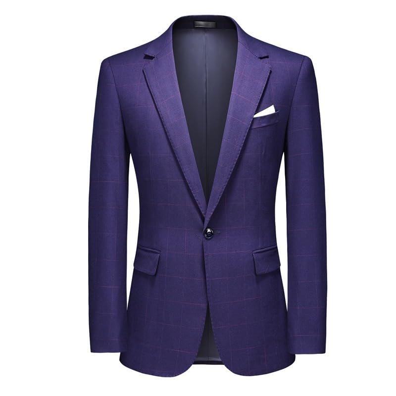 Purple One Button Plaid Linen Men Business Casual Office Work Suit Jacket Lightweight Long Sleeve Big Tall Sports Coat