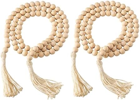 PHITRIC Wooden Beads Garland Boho Decor, 2 Pack 58 Inch Farmhouse Wood Beads Garland with Tassel for Bohemian Decoration, Rustic Home Garland for Tiered Tray, Coffee Table, Living Room, Decoration