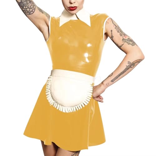 Robe trapèze look latex sissy noire avec tablier amovible de soubrette