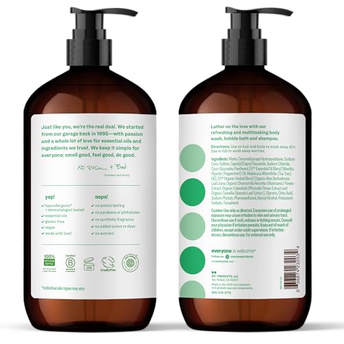 Image of Everyone 3-in-1 Soap, Body Wash, Bubble Bath, Shampoo, 32 Ounce (Pack of 2), Peppermint Tea Tree, made with Essential Oils for Men and Women | Body wash | shampoo | bubble bath in one | peppermint tea tree | plant-based | men and women | bulk 2-pack value
