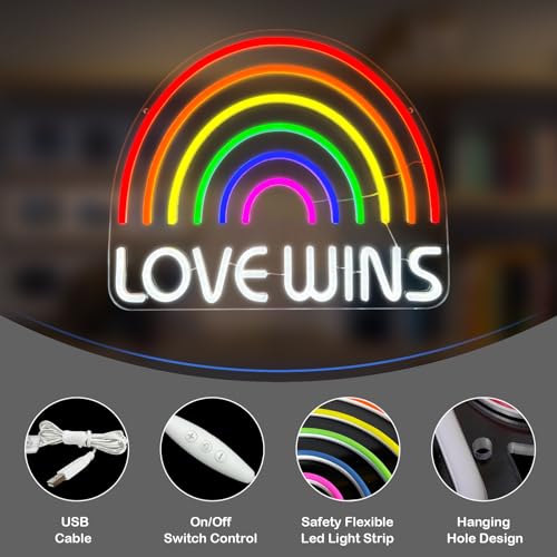 Image of LOVE WINS Neon Sign - Rainbow Light Signs, USB Powered LED Lights for Wall Decor, Gay Bar, Bedroom, Man Cave,Party, Cool Birthday Christmas Gifts for Boys Girls