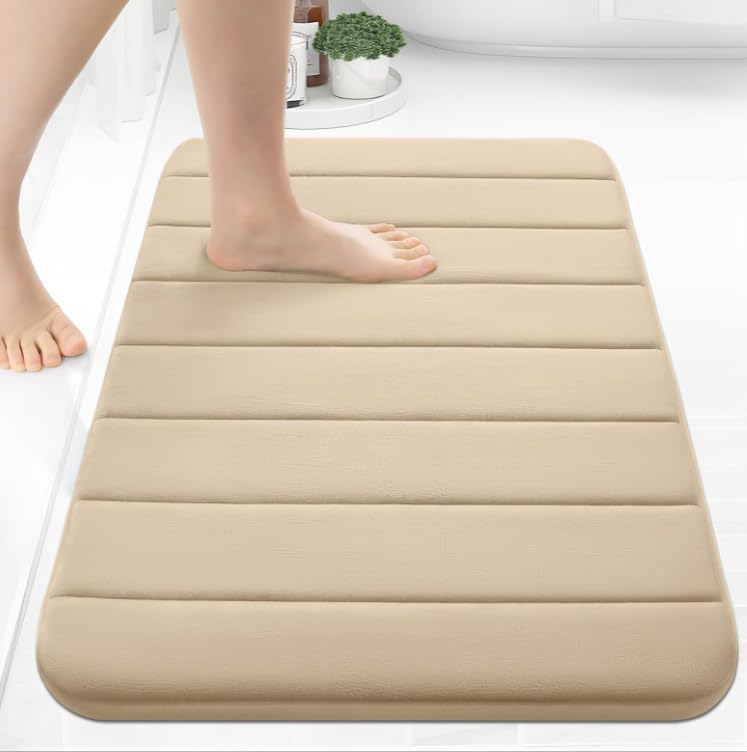 Image of Memory Foam Bath Mat 60x40 cm - Ultra Soft Water Absorbent Bathroom Rug with Non-Slip Backing, Quick-Dry Thick Foam Floor Mat for Bathroom, Shower, Doorway & Home Doormat (Beige)