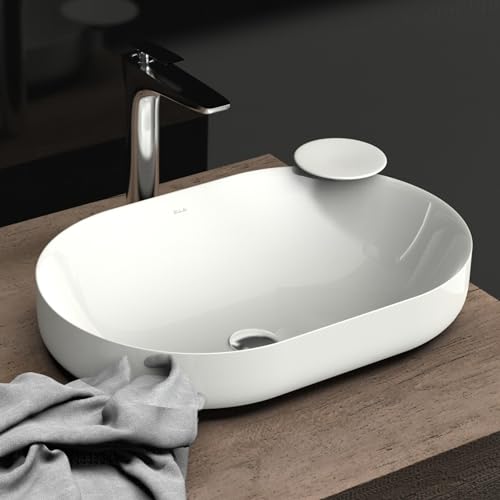 Ellai Polaris Oval Bathroom Vessel Sink Drop In Sink White Semi Recessed Vessel Sink Modern Ceramic Bathroom Sink Bowl 23.6 Inch X 15.7 Inch X 6.8" cover